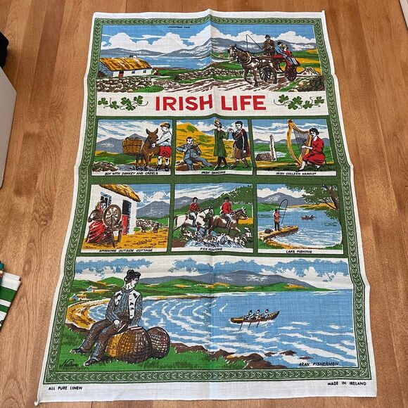 Vintage Pure Linen Irish Life Decorative Tea Towel Celtic Design Ireland Scenes - Picture 1 of 9